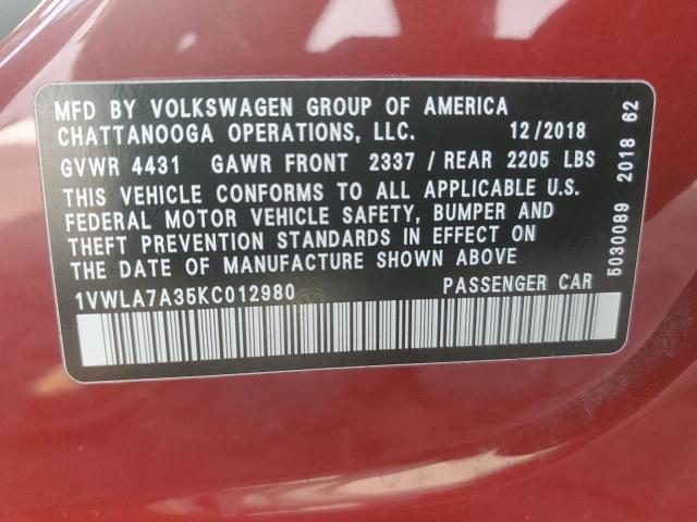 1VWLA7A35KC012980 - 2019 VOLKSWAGEN PASSAT WOLFSBURG RED photo 12
