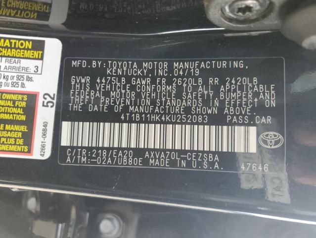 4T1B11HK4KU252083 - 2019 TOYOTA CAMRY L BLACK photo 12