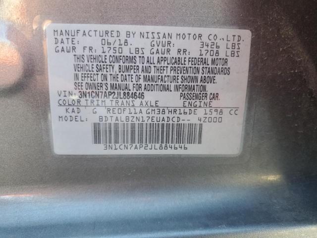 3N1CN7AP2JL884646 - 2018 NISSAN VERSA S GRAY photo 13