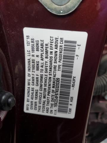 19XZE4F97KE020309 - 2019 HONDA INSIGHT TOURING MAROON photo 12