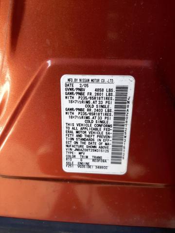 JN8AZ08T25W315125 - 2005 NISSAN MURANO SL ORANGE photo 12