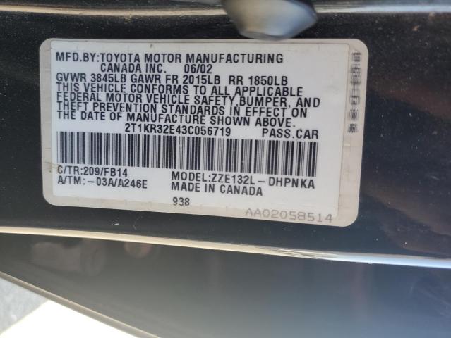 2T1KR32E43C056719 - 2003 TOYOTA COROLLA MA XR GRAY photo 14