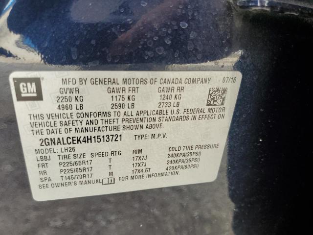 2GNALCEK4H1513721 - 2017 CHEVROLET EQUINOX LT BLUE photo 14