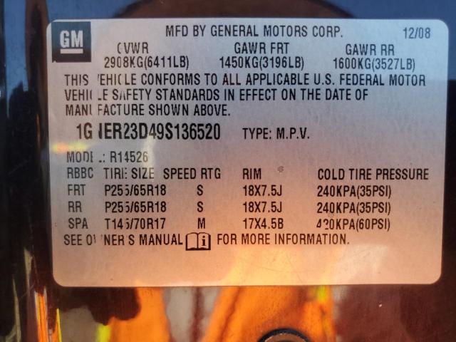 1GNER23D49S136520 - 2009 CHEVROLET TRAVERSE LT BURGUNDY photo 12