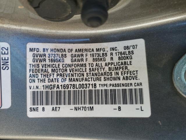1HGFA16978L003718 - 2008 HONDA CIVIC EXL 灰色 照片 12