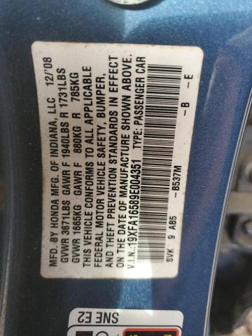 19XFA16589E004351 - 2009 HONDA CIVIC LX BLUE photo 13