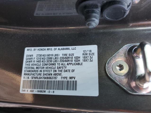 5FNRL6H76KB063787 - 2019 HONDA ODYSSEY EXL GRAY photo 12