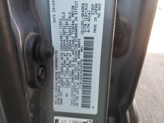 JTJBT20X740049756 - 2004 LEXUS GX 470 GRAY photo 12