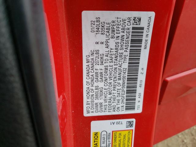 2HGFE2F56NH561432 - 2022 HONDA CIVIC SPORT 红色 照片 12