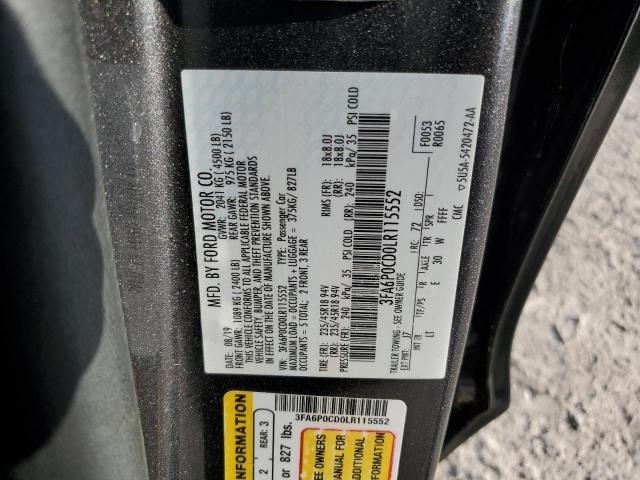 3FA6P0CD0LR115552 - 2020 FORD FUSION SEL GRAY photo 12