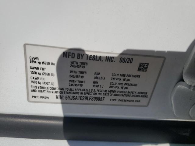 5YJSA1E29LF399857 - 2020 TESLA MODEL S WHITE photo 12
