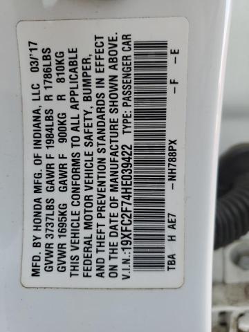 19XFC2F74HE039422 - 2017 HONDA CIVIC EX WHITE photo 13