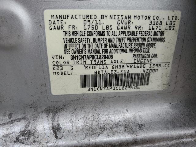 3N1CN7AP0CL829406 - 2012 NISSAN VERSA S SILVER photo 12