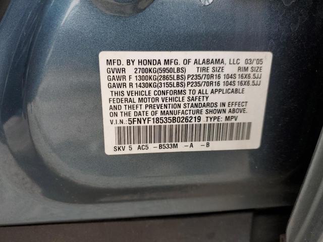 5FNYF18535B026219 - 2005 HONDA PILOT EXL BLUE photo 12