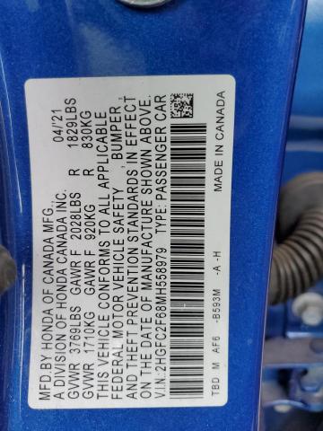 2HGFC2F68MH558979 - 2021 HONDA CIVIC LX BLUE photo 12