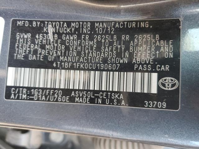 4T1BF1FK0CU190607 - 2012 TOYOTA CAMRY BASE CHARCOAL photo 12