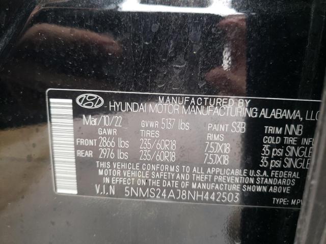 5NMS24AJ8NH442503 - 2022 HYUNDAI SANTA FE SEL BLACK photo 12