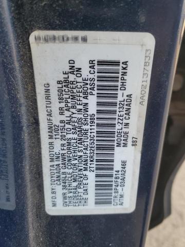 2T1KR32E53C111985 - 2003 TOYOTA COROLLA MA XR BLUE photo 12