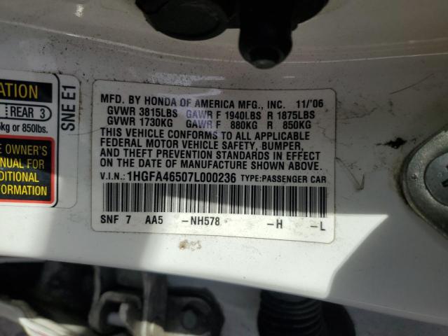 1HGFA46507L000236 - 2007 HONDA CIVIC GX WHITE photo 12