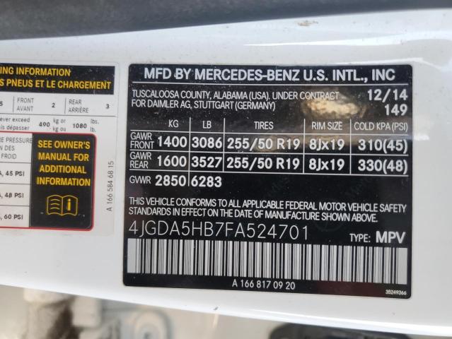 4JGDA5HB7FA524701 - 2015 MERCEDES-BENZ ML 350 4MATIC WHITE photo 13