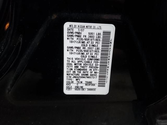 JN8AZ08W47W657317 - 2007 NISSAN MURANO SL BLACK photo 13