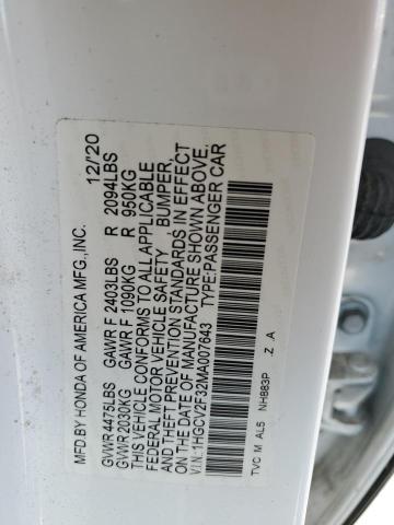 1HGCV2F32MA007643 - 2021 HONDA ACCORD SPORT თეთრი ფოტო 12