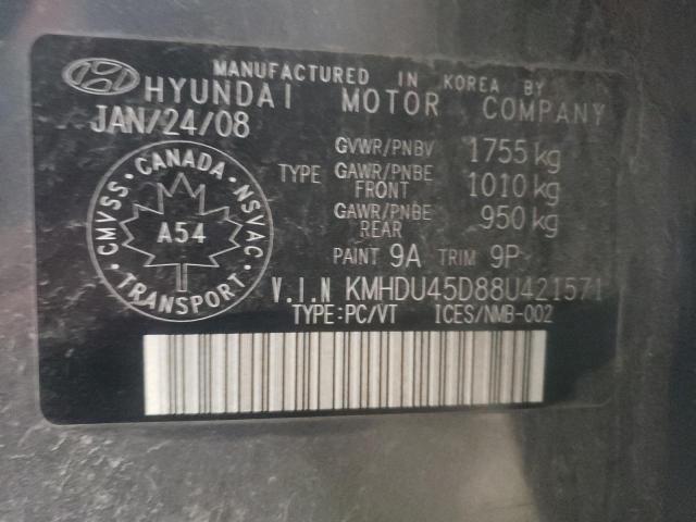 KMHDU45D88U421571 - 2008 HYUNDAI ELANTRA GL GRAY photo 12