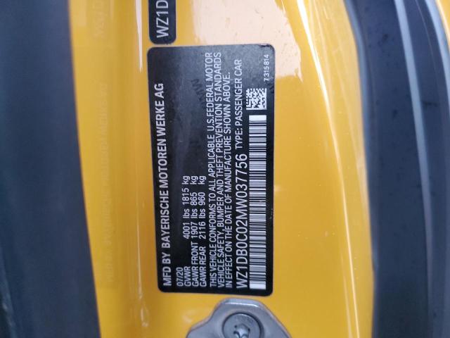 WZ1DB0C02MW037756 - 2021 TOYOTA SUPRA BASE YELLOW photo 12