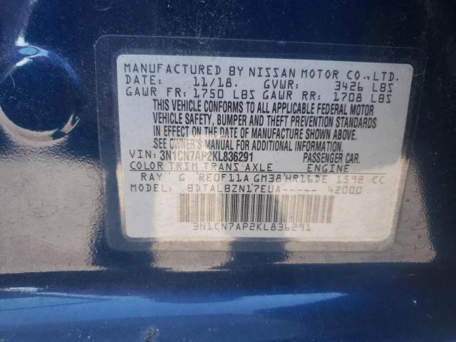 3N1CN7AP2KL836291 - 2019 NISSAN VERSA S BLUE photo 12