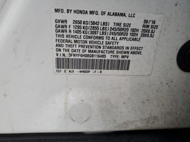 5FNYF6H08GB116485 - 2016 HONDA PILOT ELITE WHITE photo 13