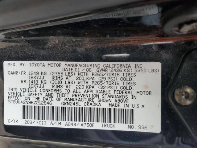 5TEUU42N96Z212846 - 2006 TOYOTA TACOMA ACCESS CAB შავი ფოტო 12