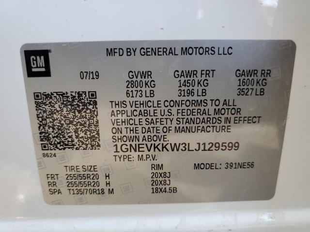 1GNEVKKW3LJ129599 - 2020 CHEVROLET TRAVERSE PREMIER WHITE photo 13