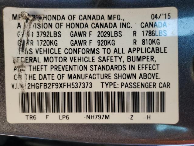 2HGFB2F9XFH537373 - 2015 HONDA CIVIC EXL GRAY photo 12