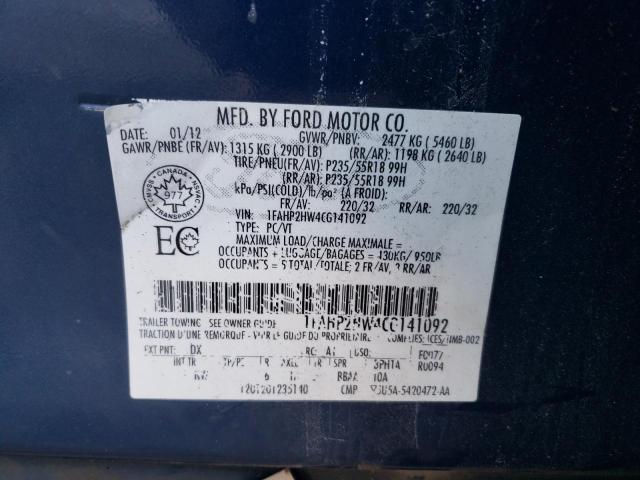 1FAHP2HW4CG141092 - 2012 FORD TAURUS SEL BLUE photo 12