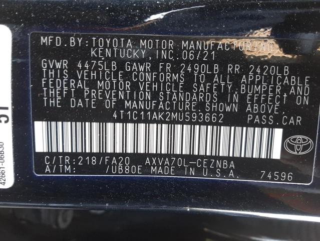 4T1C11AK2MU593662 - 2021 TOYOTA CAMRY LE BLACK photo 13