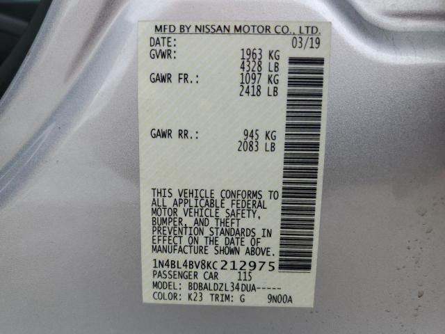 1N4BL4BV8KC212975 - 2019 NISSAN ALTIMA S SILVER photo 12