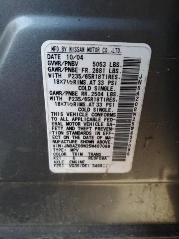 JN8AZ08W25W407099 - 2005 NISSAN MURANO SL GRAY photo 12