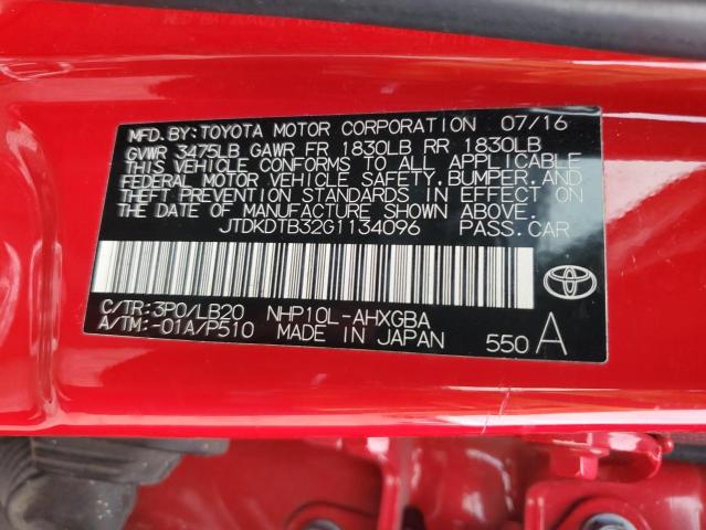 JTDKDTB32G1134096 - 2016 TOYOTA PRIUS C RED photo 13