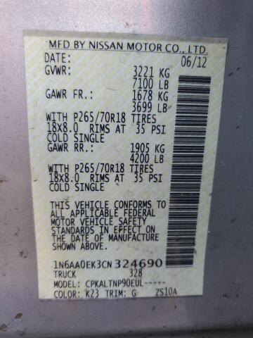 1N6AA0EK3CN324690 - 2012 NISSAN TITAN S SILVER photo 12