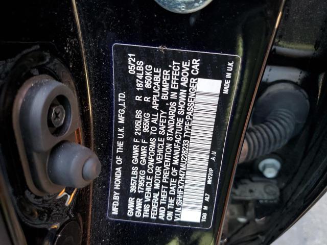 SHHFK7H47MU228233 - 2021 HONDA CIVIC SPORT შავი ფოტო 12