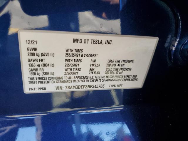 7SAYGDEF2NF345786 - 2022 TESLA MODEL Y BLUE photo 13