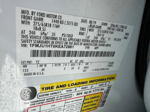 1FMJU1HT0KEA72881 - 2019 FORD EXPEDITION XLT Biały zdjęcie 10