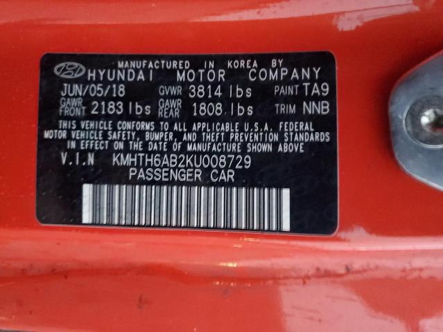 KMHTH6AB2KU008729 - 2019 HYUNDAI VELOSTER TURBO Նարնջագույն լուսանկար 12