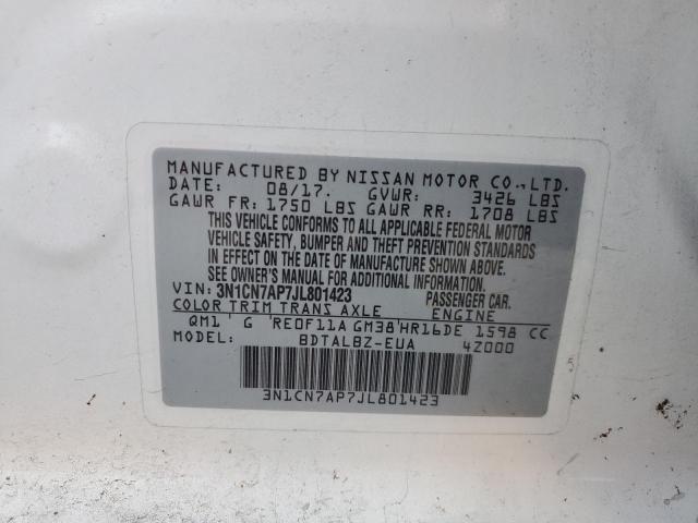 3N1CN7AP7JL801423 - 2018 NISSAN VERSA S WHITE photo 12