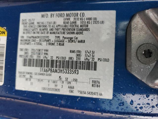 1FA6P8AM3H5333593 - 2017 FORD MUSTANG BLUE photo 12