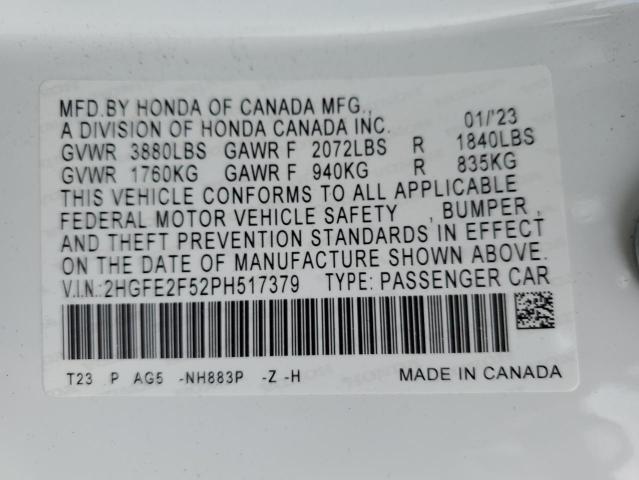 2HGFE2F52PH517379 - 2023 HONDA CIVIC SPORT თეთრი ფოტო 12