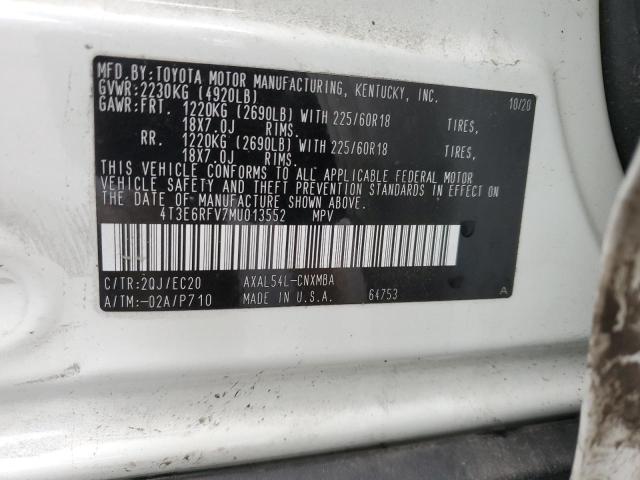 4T3E6RFV7MU013552 - 2021 TOYOTA RAV4 XSE WHITE photo 12