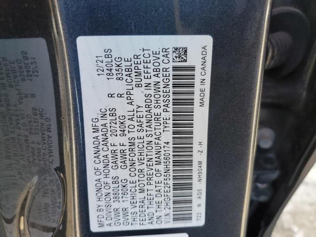 2HGFE2F55NH560174 - 2022 HONDA CIVIC SPORT GRAY photo 12