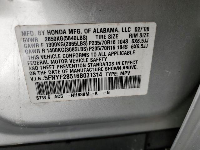 5FNYF28516B031314 - 2006 HONDA PILOT EX SILVER photo 13