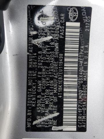 4T1BK1EB7EU119498 - 2014 TOYOTA AVALON BASE 银色 照片 12